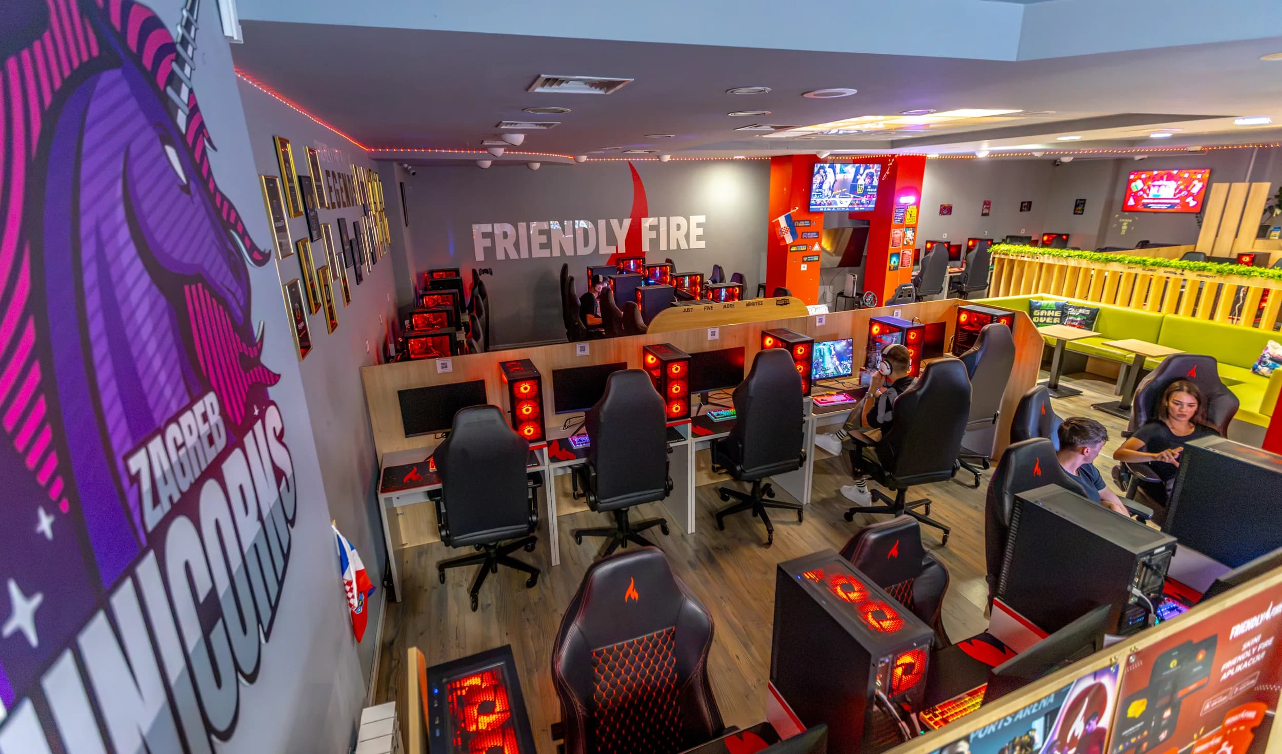Friendly Fire branded gaming cafe interior